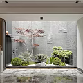 Indoor Landscape Design With Red Maple Tree Small Shrubs And Stone Wall Features