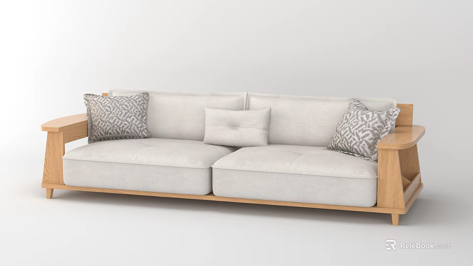 Light Colored Two Seater Sofa With Wooden Armrests And Patterned Pillows 3d model
