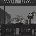 Snow Covered Outdoor Garden Landscape With Swimming Pool Colorful Floats Loungers And Wooden Pavilion