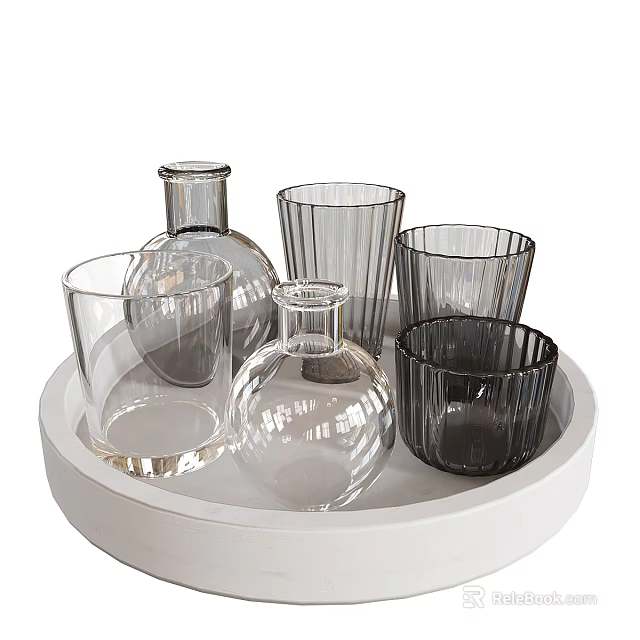 Chic Glass Tableware Set With White Tray Clear Bottles And Dark Glass Tumblers 3d model 