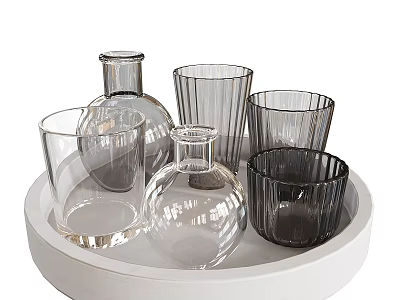 Chic Glass Tableware Set With White Tray Clear Bottles And Dark Glass Tumblers 3d model