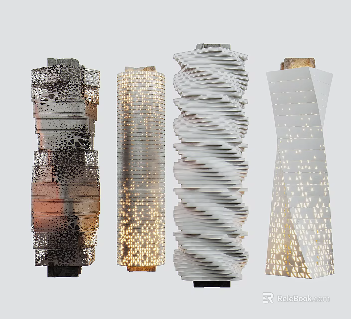 Various Decorative Columns With Perforated Spiral And Textured Patterns For Interior Design 3d model 