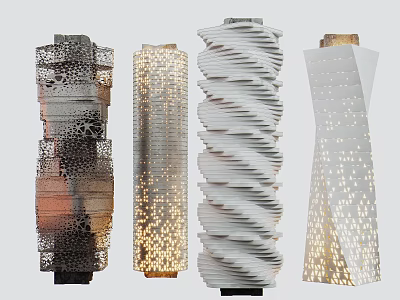 Various Decorative Columns With Perforated Spiral And Textured Patterns For Interior Design 3d model