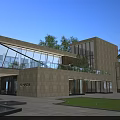 Modern Sales Office Building with Glass Curtain Wall Stone Facade and Lush Greenery Front Lawn