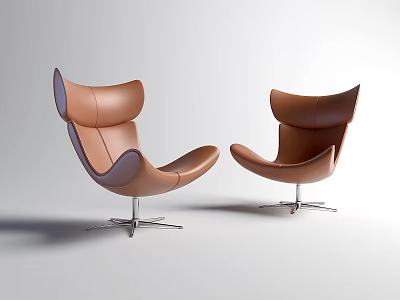 Modern Brown Leather Leisure Chairs with Curved Backrest and Metal Base 3d model