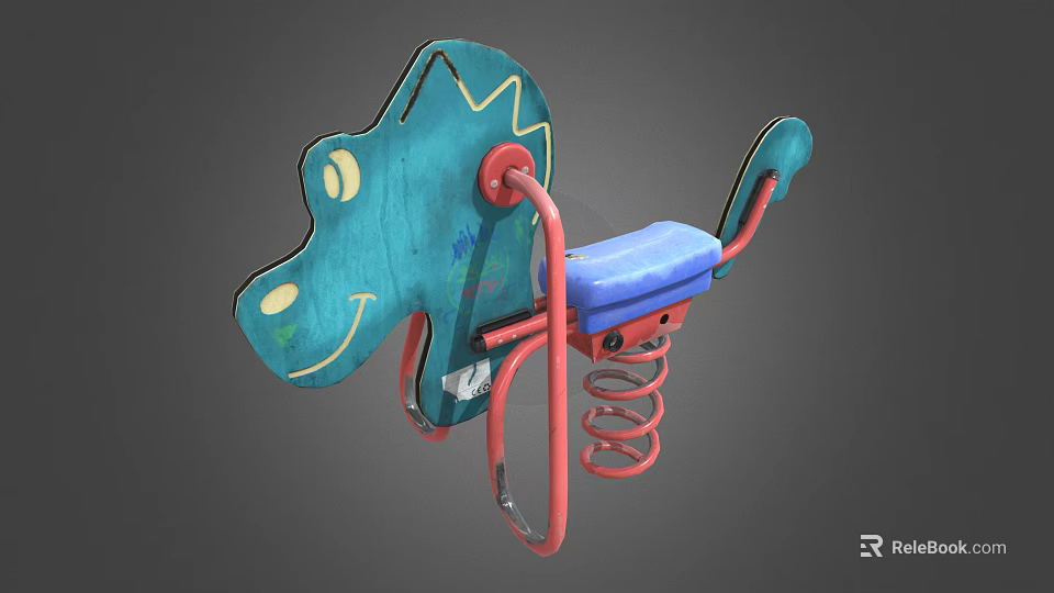Kids Turquoise Wooden Spring Rider With Smiling Face Red Metal Frame And Blue Seat 3d model 