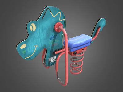Kids Turquoise Wooden Spring Rider With Smiling Face Red Metal Frame And Blue Seat 3d model