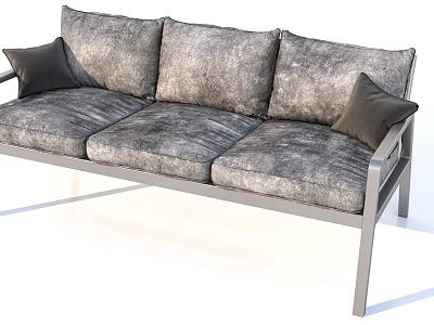 Modern Three Seater Sofa With Gray Textured Upholstery Metal Frame And Throw Pillows 3d model