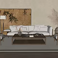 Stylish Beige Sofa and Coffee Table Set with Bamboo Art Floor Lamp and Armchairs