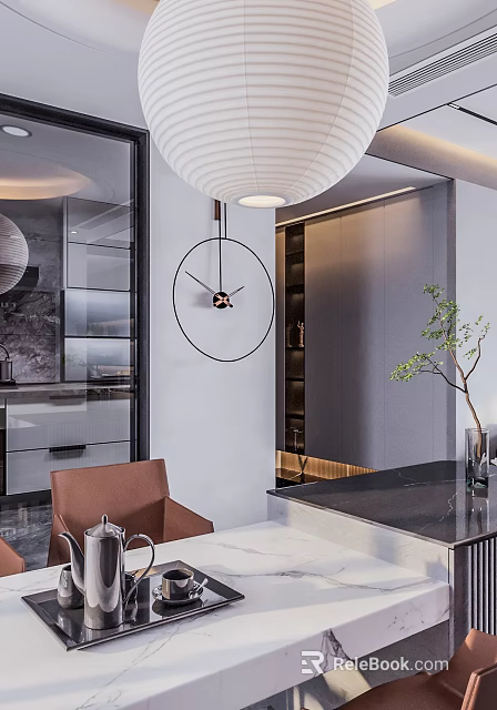 Modern Dining and Living Room Interior With Pendant Light Clock Plant and Leather Chair 3d model 