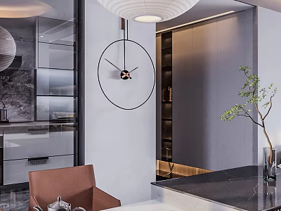 Modern Dining and Living Room Interior With Pendant Light Clock Plant and Leather Chair 3d model