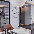 Modern Dining and Living Room Interior With Pendant Light Clock Plant and Leather Chair