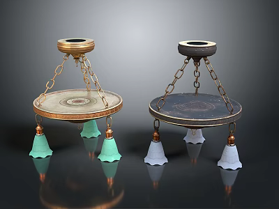 Vintage Style Furniture Chandeliers With Metal Chains Round Bases And Green White Lampshades 3d model