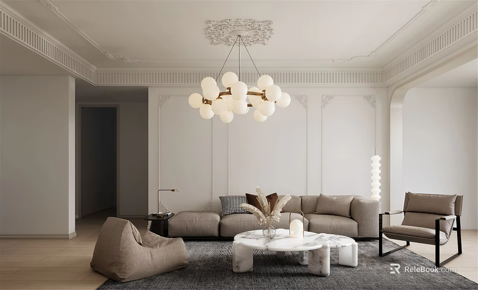 Modern Living Room Interior With Beige Sofa Marble Coffee Table And Globe Pendant Light Rug 3d model 