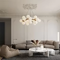 Modern Living Room Interior With Beige Sofa Marble Coffee Table And Globe Pendant Light Rug