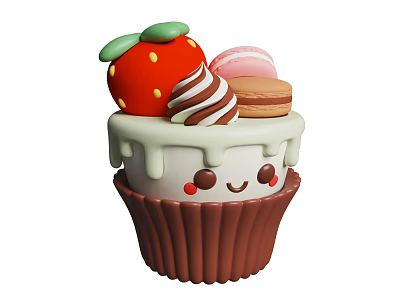 Cute Colorful Cupcake Topped With Strawberry Ice Cream And Macaron With Smiling Face 3d model