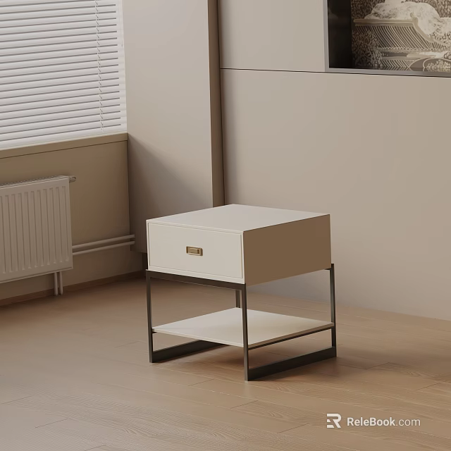 Modern White Bedside Table With Gold Handle Drawer Open Shelf And Black Metal Frame 3d model 
