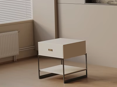 Modern White Bedside Table With Gold Handle Drawer Open Shelf And Black Metal Frame 3d model
