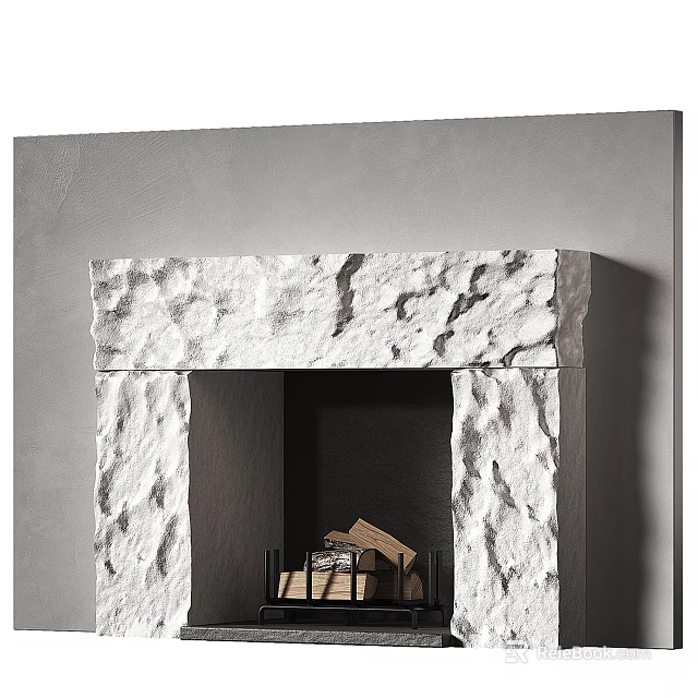 Stone Fireplace With Rough Natural Texture And Wood Logs In Interior Design 3d model 