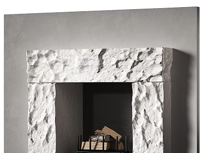 Stone Fireplace With Rough Natural Texture And Wood Logs In Interior Design 3d model
