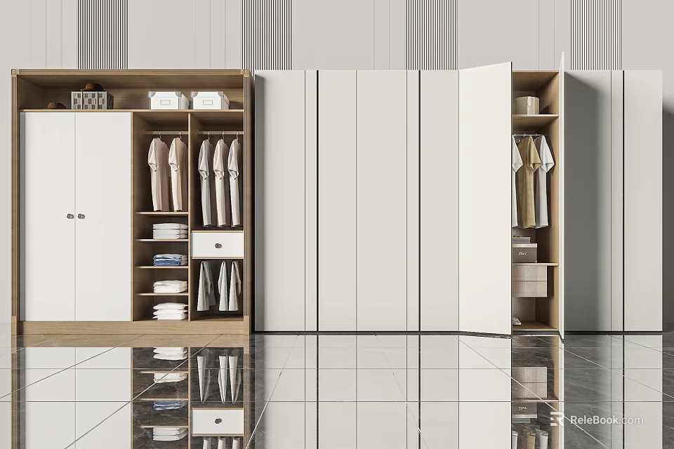 Modern Sleek Wardrobe Interior With White Doors Wooden Frame Open Hanging Space And Drawers 3d model 