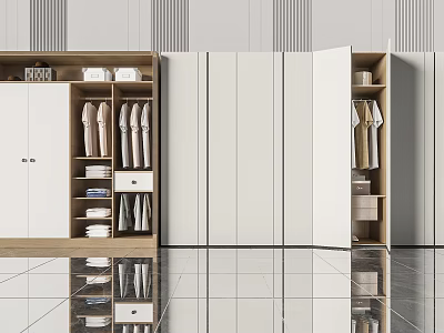 Modern Sleek Wardrobe Interior With White Doors Wooden Frame Open Hanging Space And Drawers 3d model