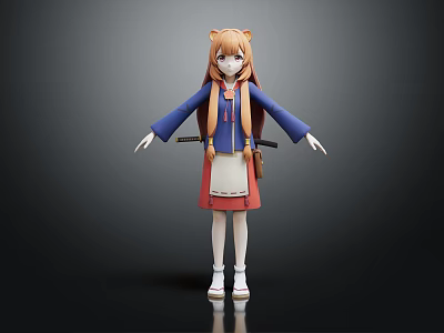 Anime Character With Orange Hair Cat Ears Blue Top Red Skirt And Swords On Back 3d model