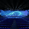 Modern Tech Stage Design With Blue Lighting Large Screen And Seats Arrangement 3d model