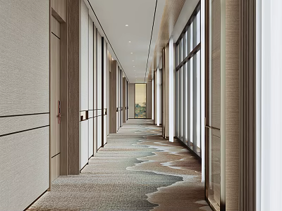 Modern Hotel Corridor Interior With Patterned Carpet Recessed Lighting Light-Colored Walls And Large Windows 3d model