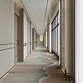 Modern Hotel Corridor Interior With Patterned Carpet Recessed Lighting Light-Colored Walls And Large Windows