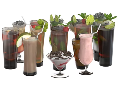 Colorful Assorted Drinks Decorated With Mint Leaves Lemon Slices Straws And Chocolate Shavings 3d model