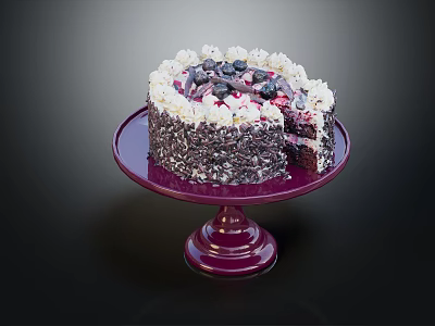 Delicious Layered Cake With Cream Topping Fresh Berries On Red Cake Stand 3d model