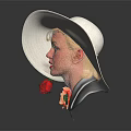 Female Bust Wearing Wide Brimmed White Hat With Green Decorations And Red Roses