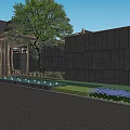 Garden Landscape Between Symmetrical Residential Buildings With Trees Pathway And Chinese Pavilion
