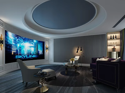 Modern Home Theater Interior With Large Screen Circular Ceiling And Comfortable Seating 3d model