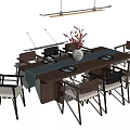 Modern Dining Table Set with Matching Chairs Vase Tableware and Hanging Light 3d model