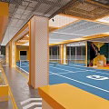 Indoor Basketball Court With Blue Floor White Lines Green Balls Yellow Walls And Mesh Ceiling