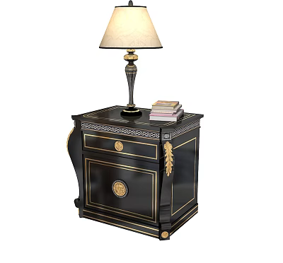 Elegant Black Bedside Table With Gold Accents Table Lamp And Stack Of Books 3d model