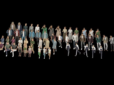 Group of People With Diverse Poses And Various Outfits Against Black Background 3d model