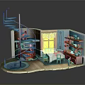 Cartoon Interior Scene With Blue Spiral Staircase Yellow Window Table Chairs And Shelves
