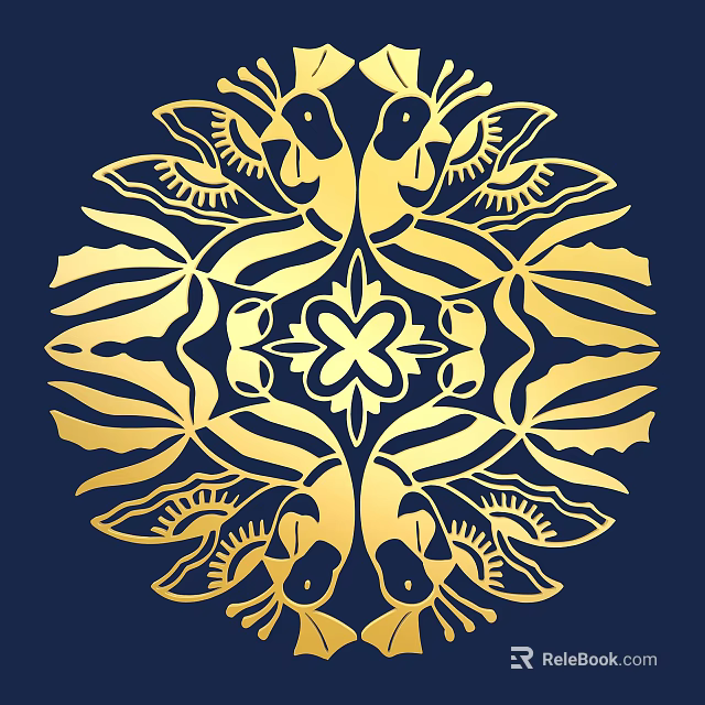 Golden Circular Wall Decor With Symmetrical Birds And Floral Design On Dark Blue Background 3d model 