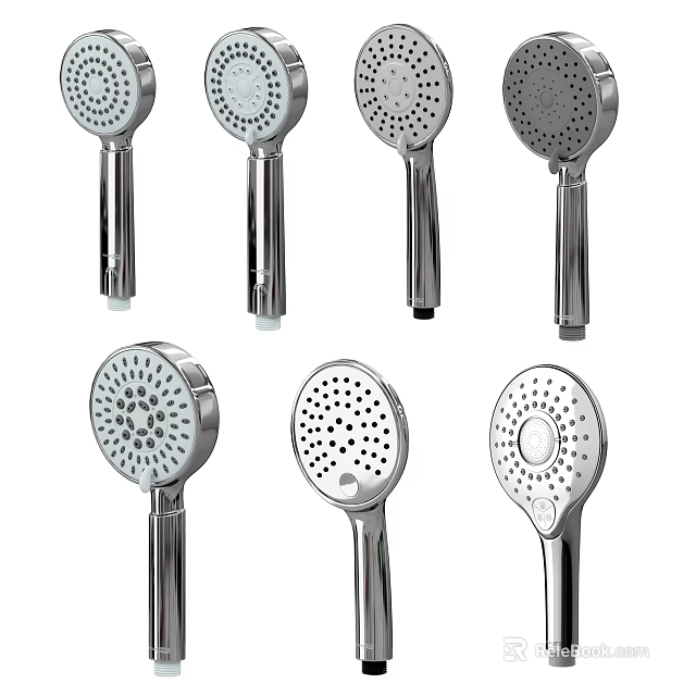 Various Modern Handheld Shower Heads with Chrome Finish and Multiple Spray Nozzle Holes 3d model 