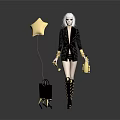 White Haired Woman In Black Gold Plaid Outfit With Gold Balloon Handbag And Black Puppy