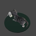 Cartoon Style Striped Gray Kitten Playing With Table Lamp And Ball On Green Platform