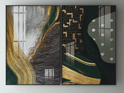 Modern Abstract Wall Art With Golden Lines Geometric Patterns And Green Black Tones 3d model