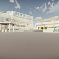 Modern Large Industrial Factory Building Exterior With Long Windows Yellow Accents Open Ground Sky Background