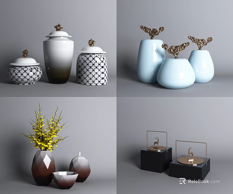 Ceramic Vessels With Lids Geometric Patterns Golden Decorations And Vases For Home Decor 3d model 