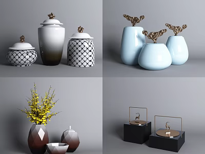 Ceramic Vessels With Lids Geometric Patterns Golden Decorations And Vases For Home Decor 3d model