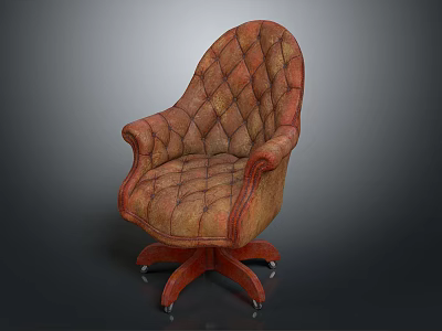 Vintage Quilted Upholstered Armchair With Curved Armrests Wooden Base And Wheels 3d model