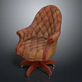 Vintage Quilted Upholstered Armchair With Curved Armrests Wooden Base And Wheels